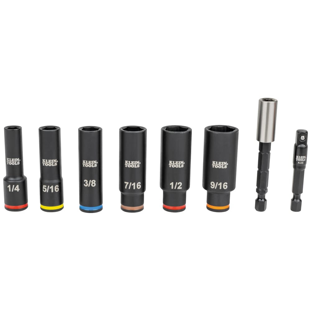 Lineup of Klein Tools 1/4-inch drive deep impact sockets ranging from 1/4 to 9/16 inch alongside a magnetic bit holder and square adapter.