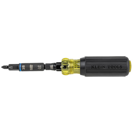 Klein Tools 32502HD Cushion-Grip screwdriver assembled with a double-ended KNECT shaft, 3/8-inch nut driver socket, and Phillips bit.