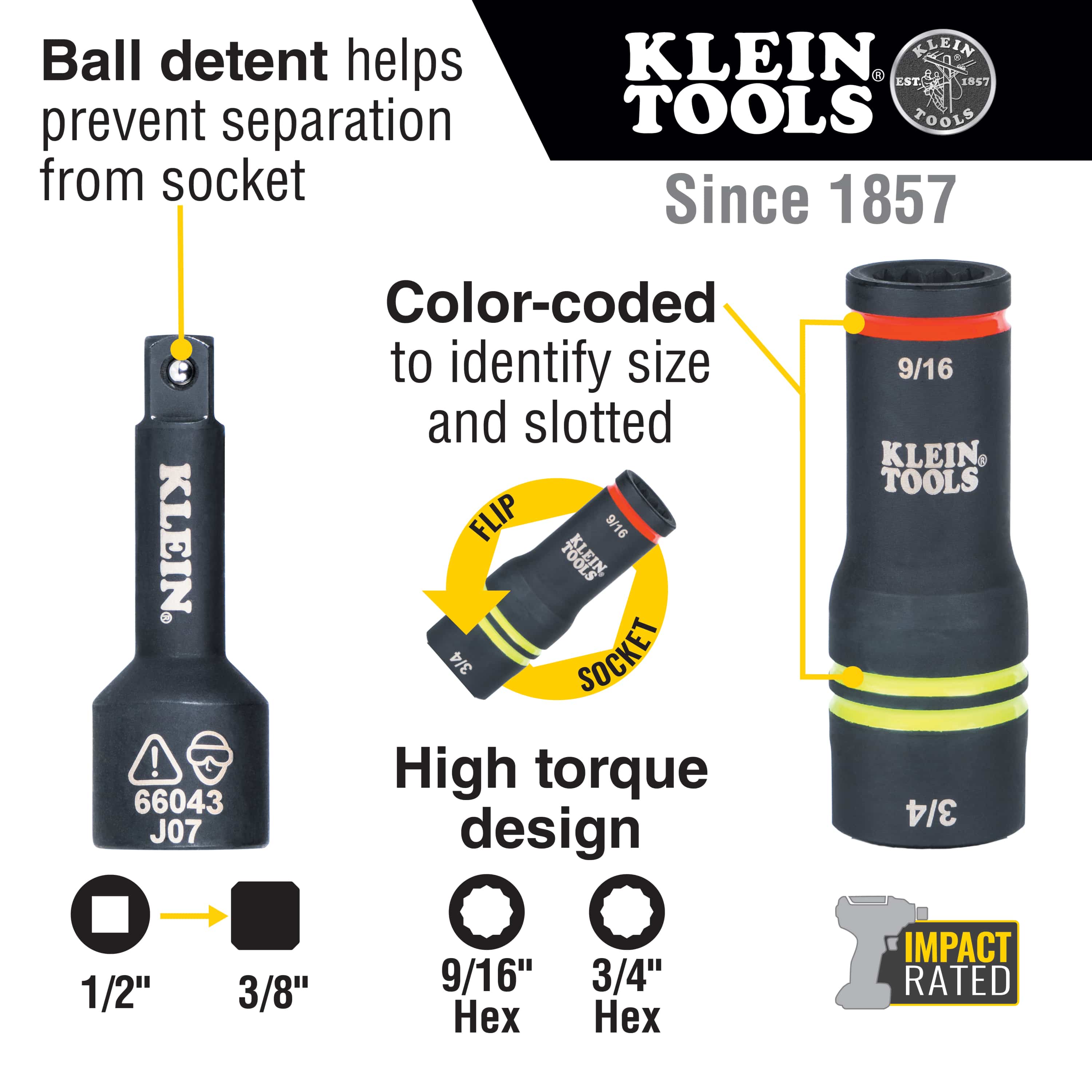 Diagram detailing 9/16 and 3/4-inch hex flip socket features, 1/2-inch to 3/8-inch drive conversion, ball detent retention, and side slot.