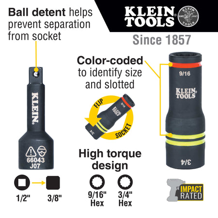 Diagram detailing 9/16 and 3/4-inch hex flip socket features, 1/2-inch to 3/8-inch drive conversion, ball detent retention, and side slot.