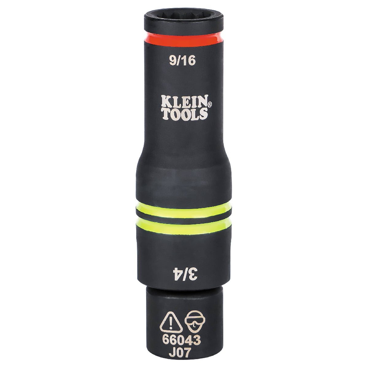 Reversible Klein 66044 flip socket mounted on a square drive adapter displaying color-coded bands for fast size identification.