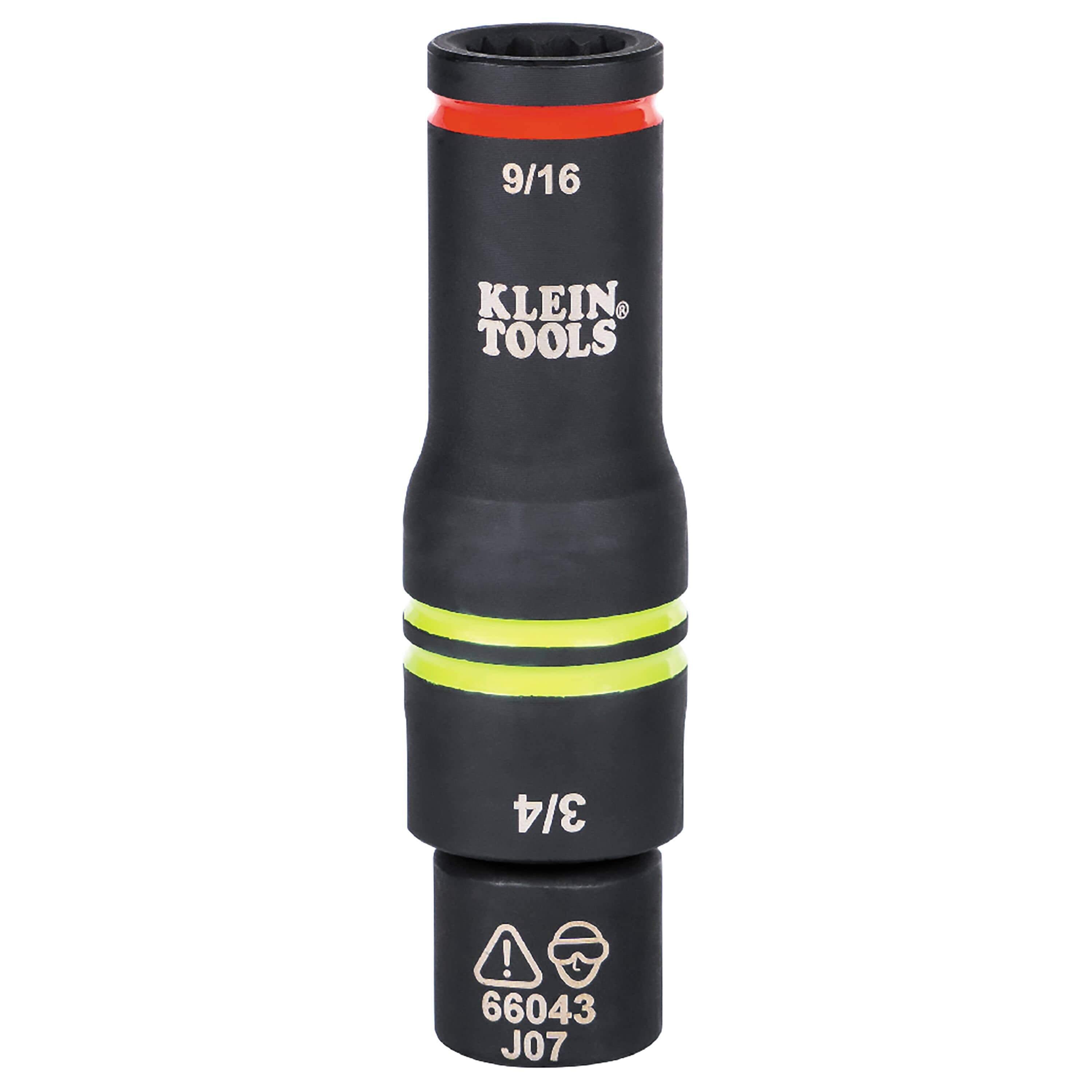 Reversible Klein 66044 flip socket mounted on a square drive adapter displaying color-coded bands for fast size identification.