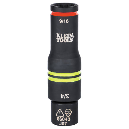 Reversible Klein 66044 flip socket mounted on a square drive adapter displaying color-coded bands for fast size identification.