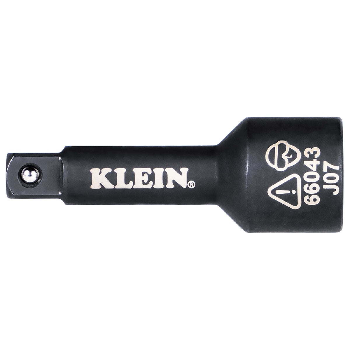 Klein 1/2-inch female to 3/8-inch male square drive adapter with ball detent mechanism engineered for high-torque impact wrench use.