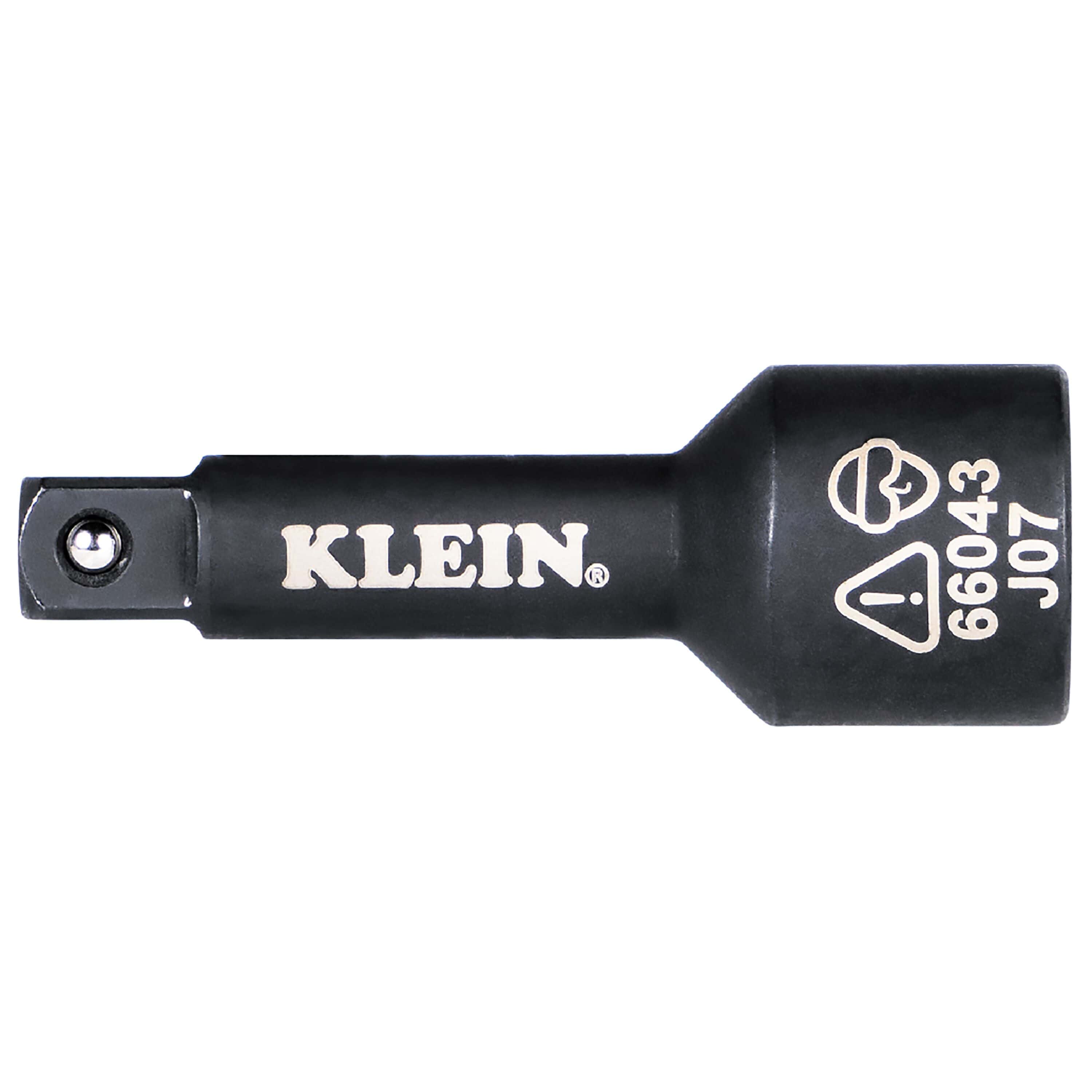 Klein 1/2-inch female to 3/8-inch male square drive adapter with ball detent mechanism engineered for high-torque impact wrench use.