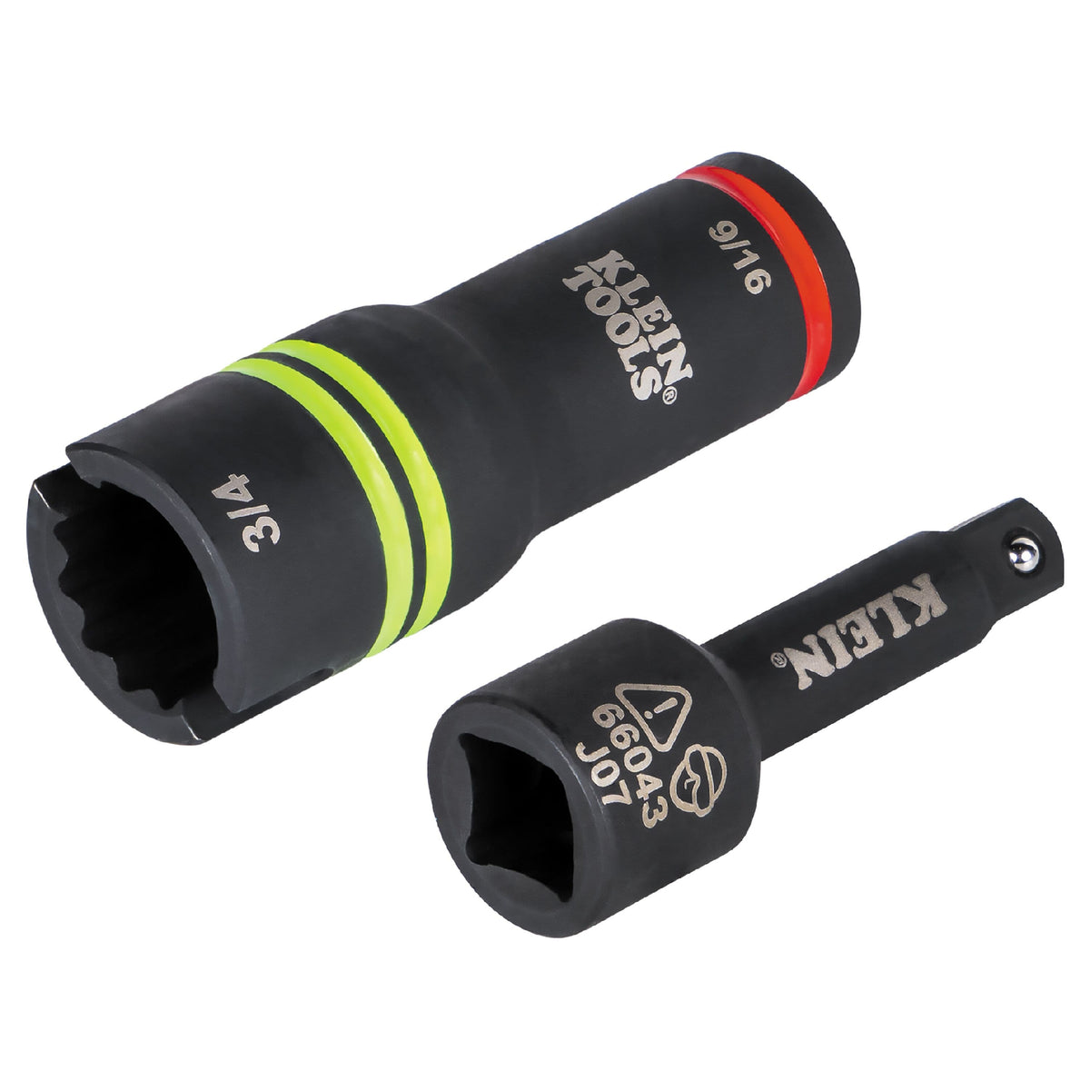 Perspective view of the Klein 3-in-1 impact flip socket set showing 9/16-inch and 3/4-inch drive ends beside a square driver adapter.