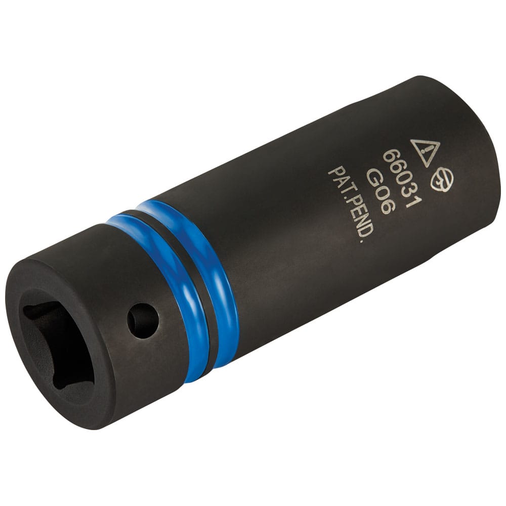 Klein 66031 4140 steel socket showing transverse cross-hole designed for secure detent pin locking on impact anvils.