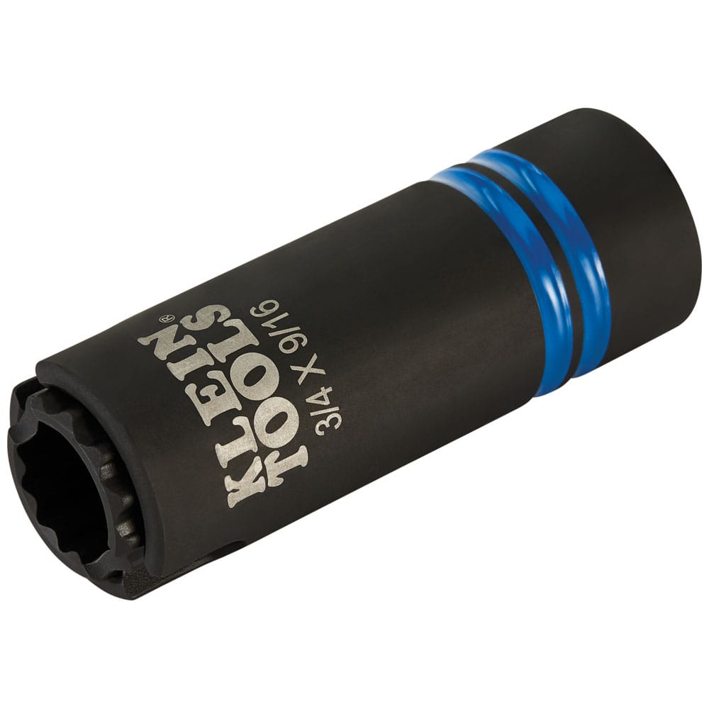Perspective view of the Klein 66031 impact socket displaying high-visibility laser-etched 3/4 and 9/16-inch size callouts.