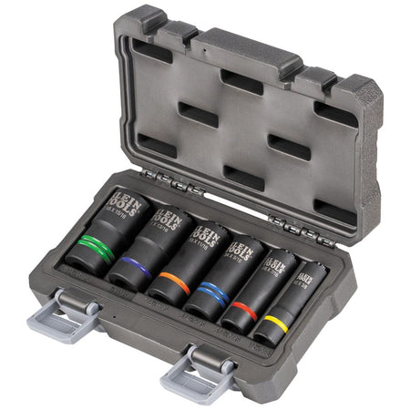 Open heavy-duty storage case displaying six Klein 2-in-1 coaxial spring-loaded sockets covering 12 SAE sizes for utility hardware.
