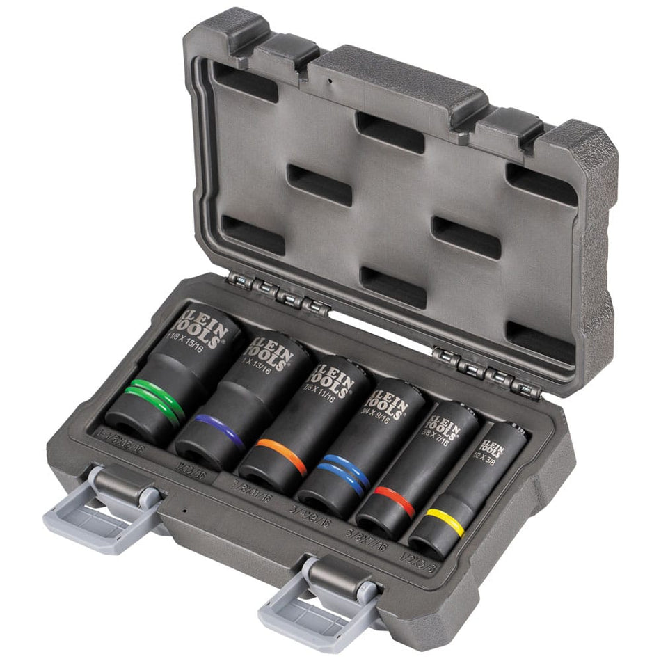 Open heavy-duty storage case displaying six Klein 2-in-1 coaxial spring-loaded sockets covering 12 SAE sizes for utility hardware.