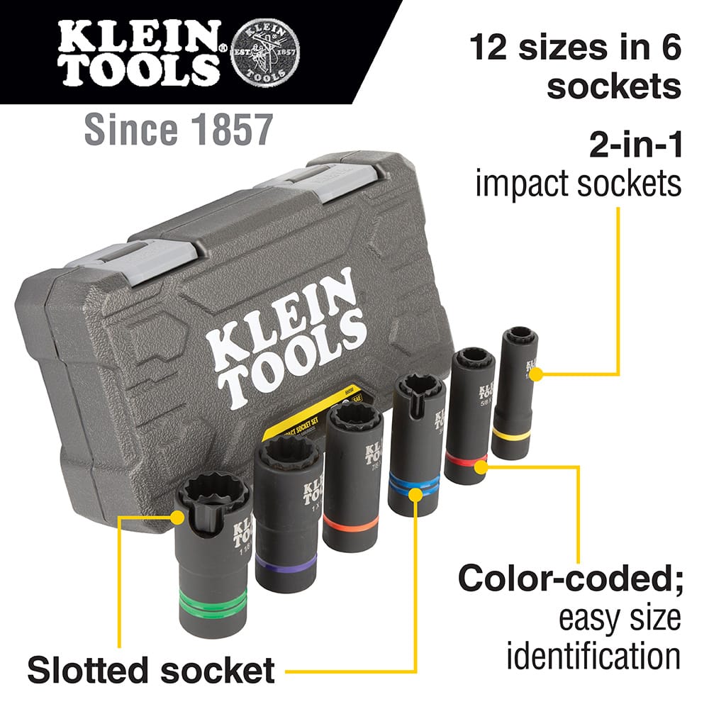 Diagram highlighting 12 SAE sizes in 6 sockets, side alignment slots for utility pole hardware, and color-coded identification rings.