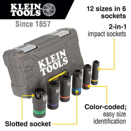 Diagram highlighting 12 SAE sizes in 6 sockets, side alignment slots for utility pole hardware, and color-coded identification rings.
