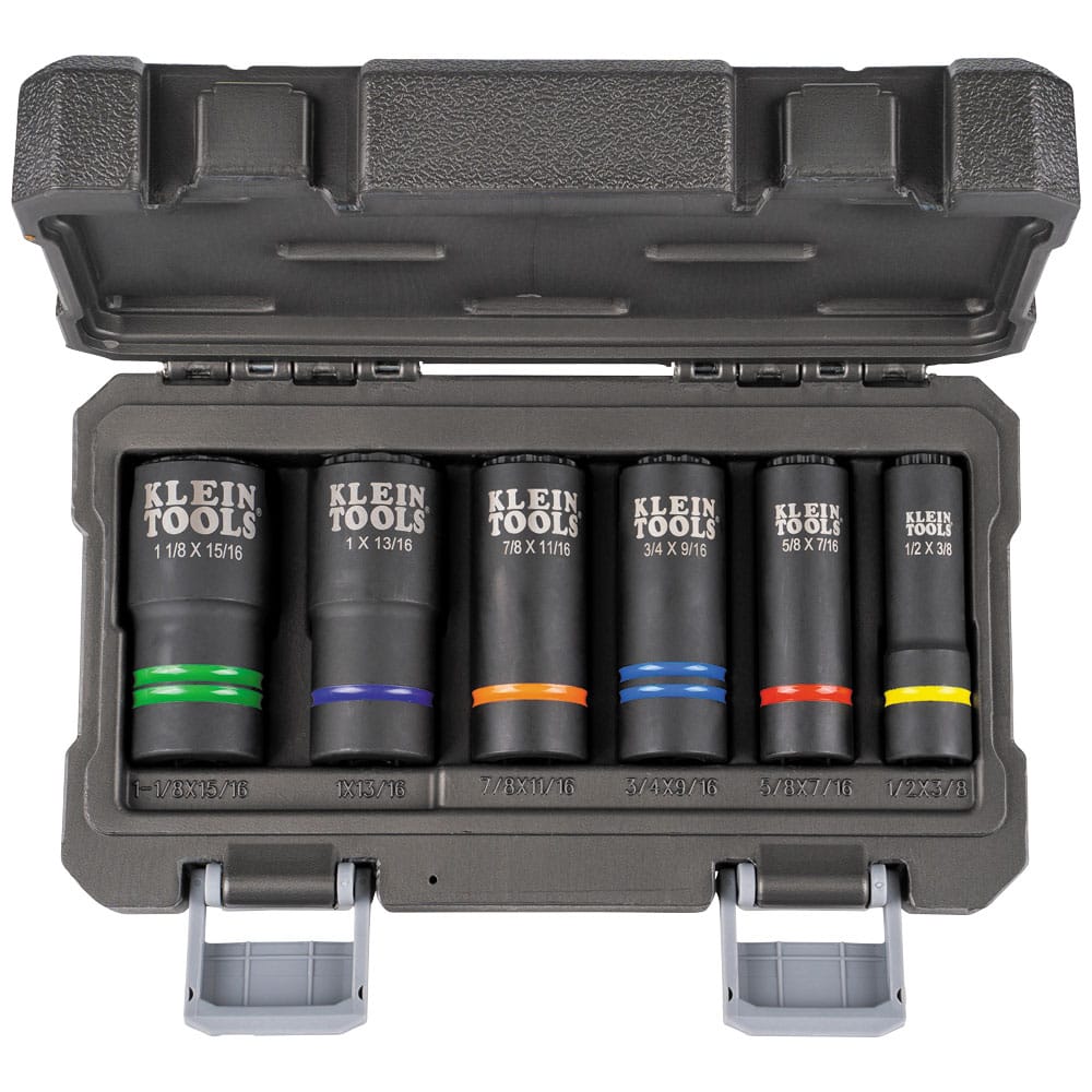 Top-down view of the Klein 66090 kit in its molded storage case displaying laser-etched sizes from 3/8-inch up to 1-1/8-inch.