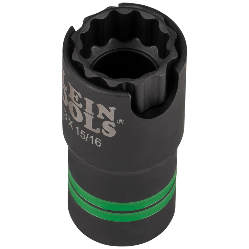 Close-up of the Klein 1-1/8 by 15/16-inch 12-point socket highlighting its side slot designed to clear long utility pole hardware.