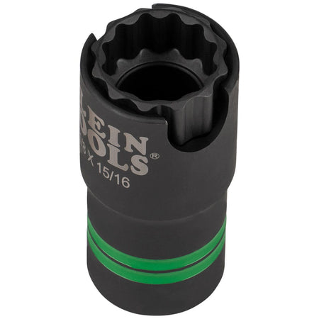Close-up of the Klein 1-1/8 by 15/16-inch 12-point socket highlighting its side slot designed to clear long utility pole hardware.