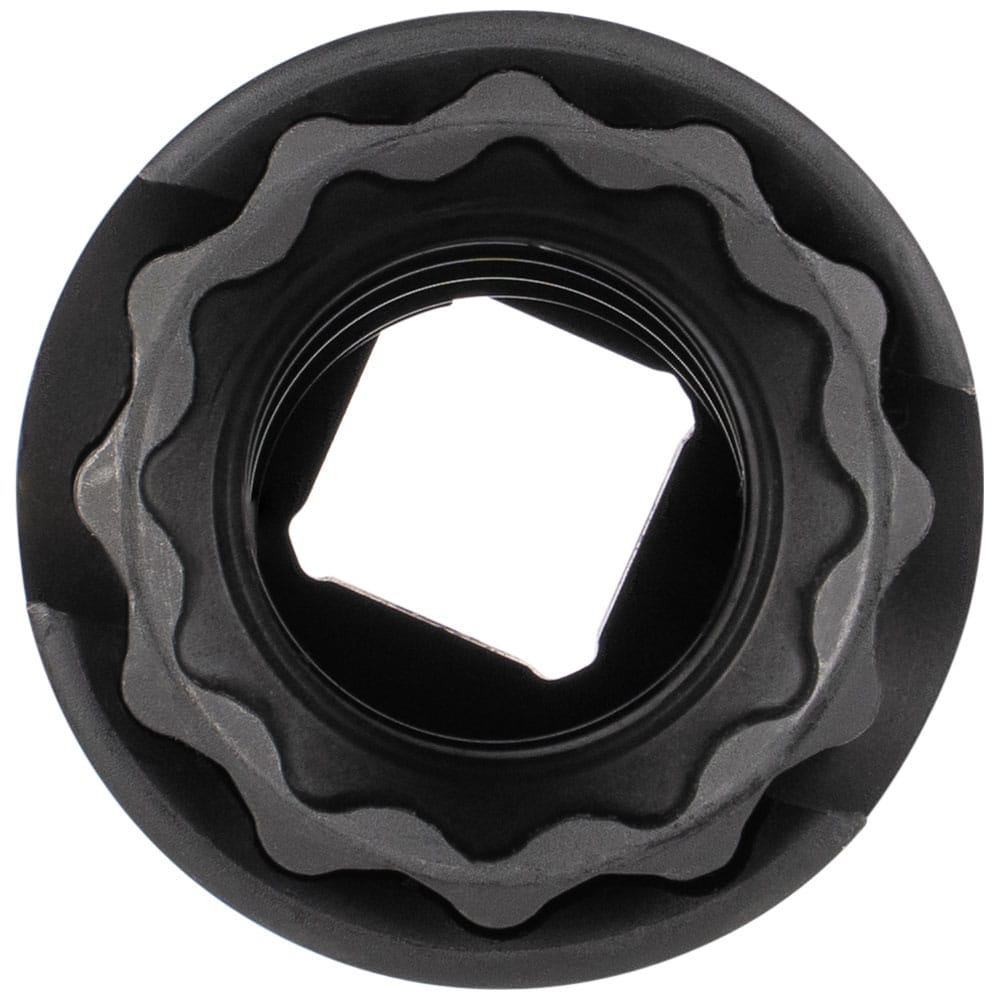 Direct top-down perspective showing the 12-point socket opening and internal spring-loaded coaxial sleeve for hands-free size changes.