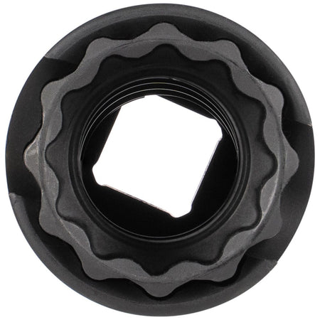 Direct top-down perspective showing the 12-point socket opening and internal spring-loaded coaxial sleeve for hands-free size changes.
