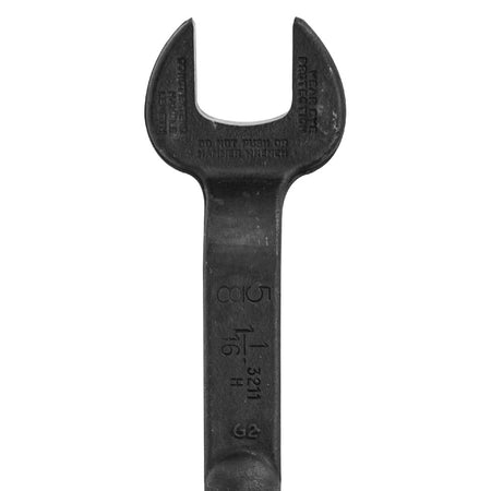 Close-up of the Klein 3211 spud wrench head detailing stamped 1-1/16-inch opening and 5/8-inch bolt size identification marks.