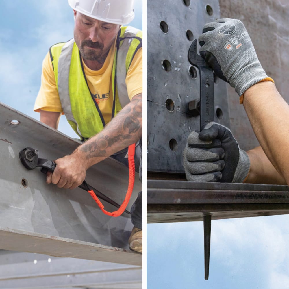 Split view showing an ironworker tightening a structural bolt and using the tapered handle of a tethered Klein 3212TT wrench to align plate holes.