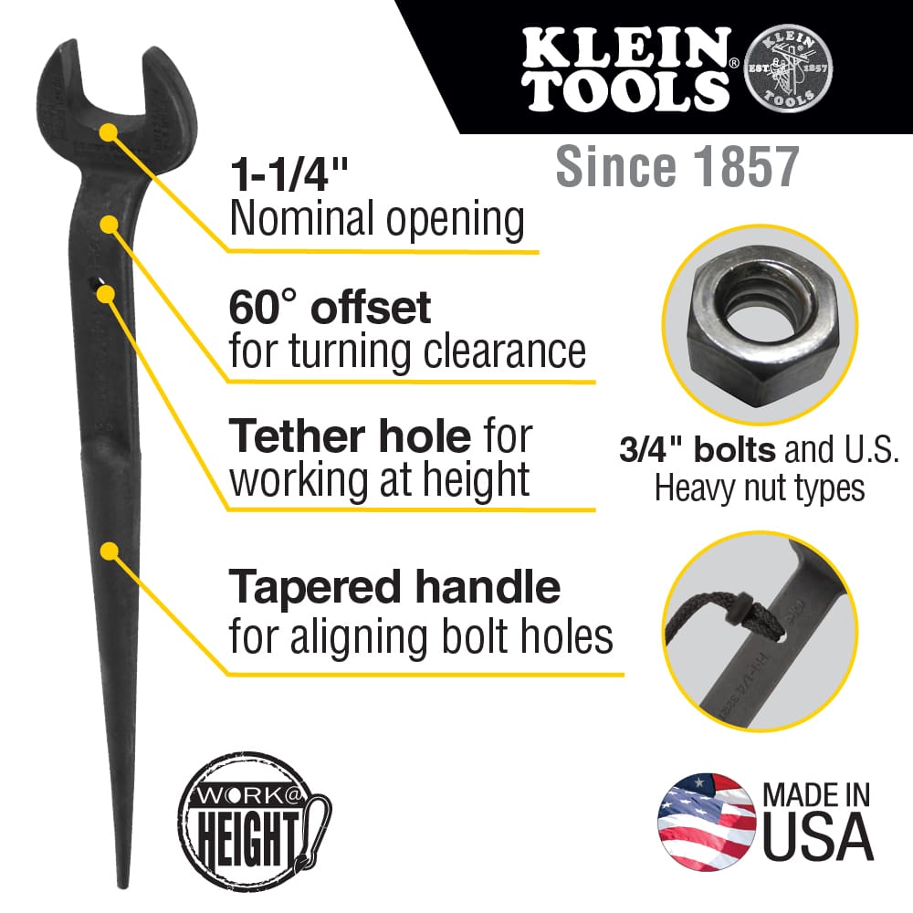 Infographic detailing key specs for Klein 3212TT spud wrench including 1-1/4-inch nominal opening, 60-degree offset, tether hole, and tapered handle.