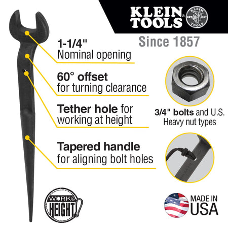 Infographic detailing key specs for Klein 3212TT spud wrench including 1-1/4-inch nominal opening, 60-degree offset, tether hole, and tapered handle.