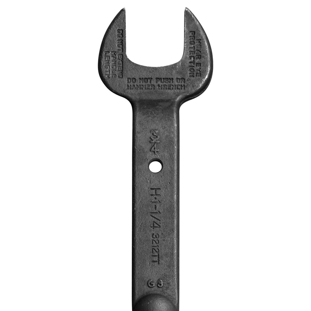 Close-up of the 1-1/4-inch head and tether hole on the Klein 3212TT spud wrench showing forged size markings and safety warning text.