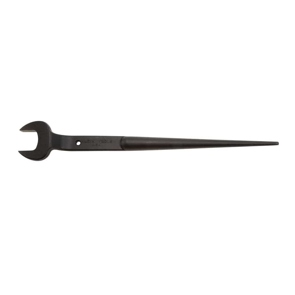 Top-down profile view of the Klein 3212TT alloy steel spud wrench showing the 1-1/4-inch open head, tether cross-hole, and long alignment shaft.