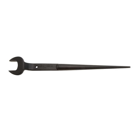 Top-down profile view of the Klein 3212TT alloy steel spud wrench showing the 1-1/4-inch open head, tether cross-hole, and long alignment shaft.