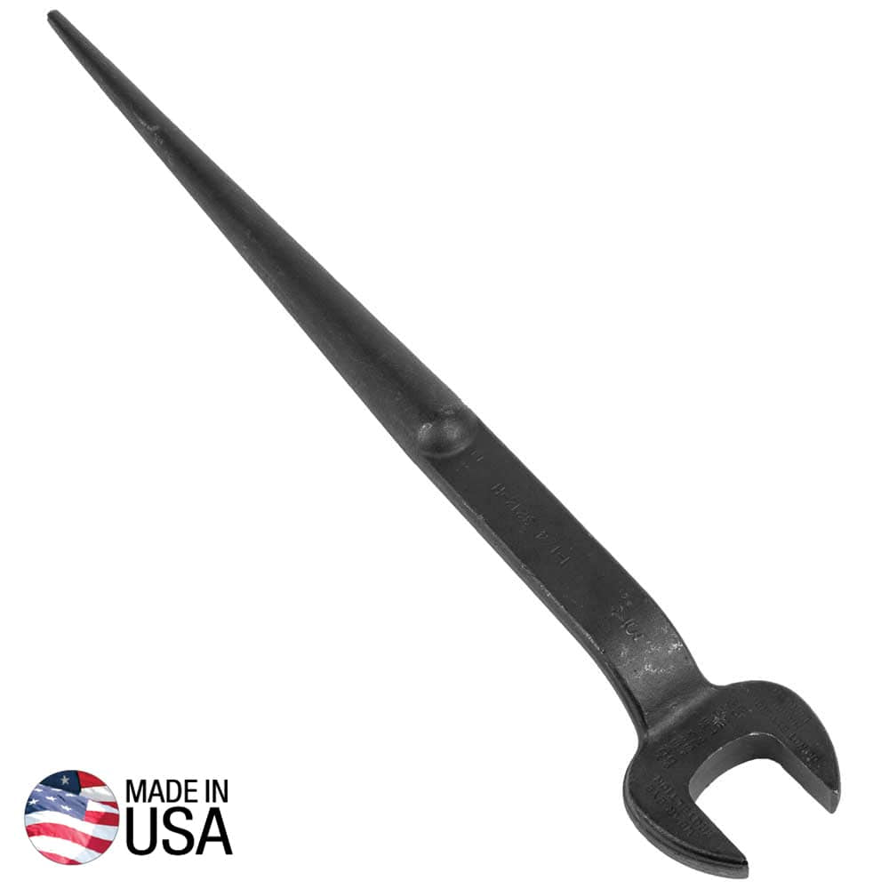 Klein 3212 structural spud wrench forged from alloy steel showing the 1-1/4-inch open jaw, 60-degree head offset, and tapered alignment handle.