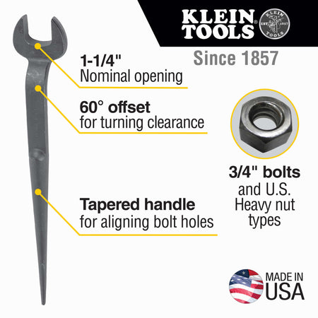 Infographic detailing key specs for Klein 3212 spud wrench including 1-1/4-inch nominal opening, 60-degree head offset, and non-binding tapered handle.