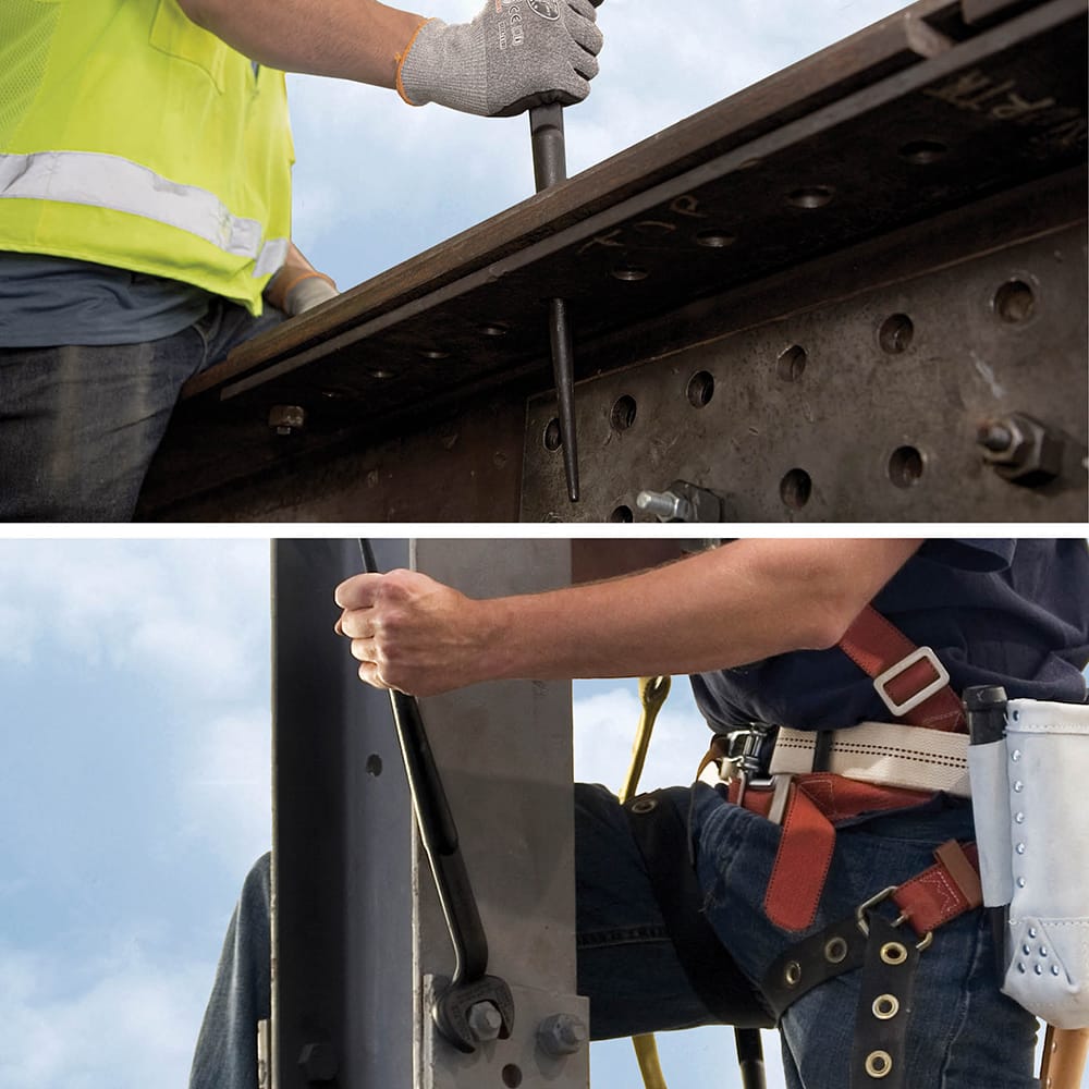 Split view showing an ironworker using the tapered handle to align bolt holes and torquing a structural bolt with the 60-degree offset wrench head.