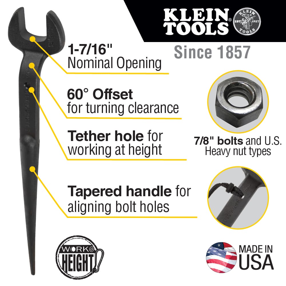 Infographic detailing key specs for Klein 3213TT spud wrench including 1-7/16-inch nominal opening, 60-degree offset, tether hole, and tapered handle.