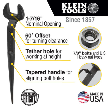 Infographic detailing key specs for Klein 3213TT spud wrench including 1-7/16-inch nominal opening, 60-degree offset, tether hole, and tapered handle.