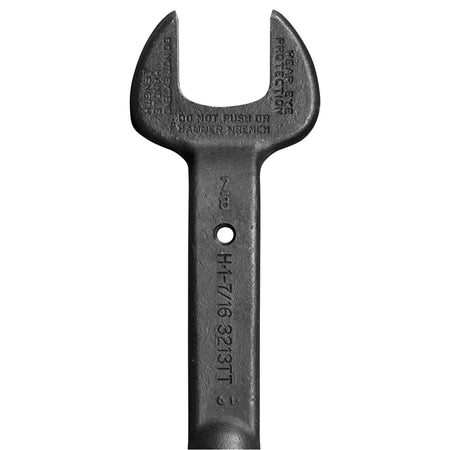 Close-up of the 1-7/16-inch head and tether hole on the Klein 3213TT spud wrench showing forged size markings and safety warning text.