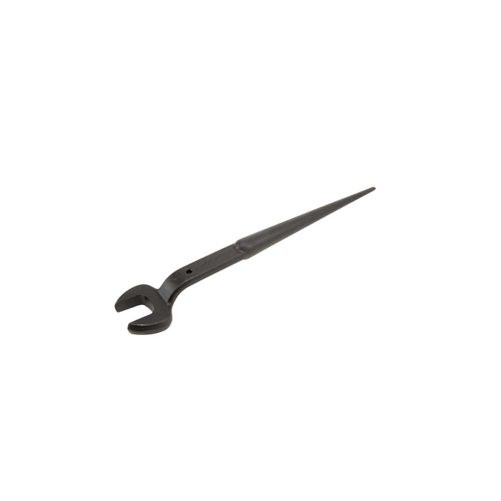 Angled view of the 17.375-inch Klein 3213TT spud wrench highlighting the 60-degree offset head for flange clearance and non-binding tapered handle.