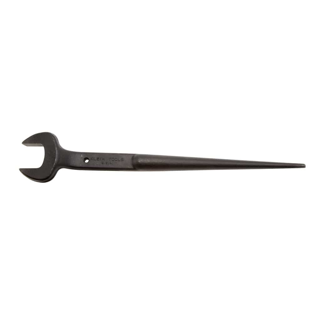 Top-down profile view of the Klein 3213TT alloy steel spud wrench showing the 1-7/16-inch open head, tether cross-hole, and long alignment shaft.