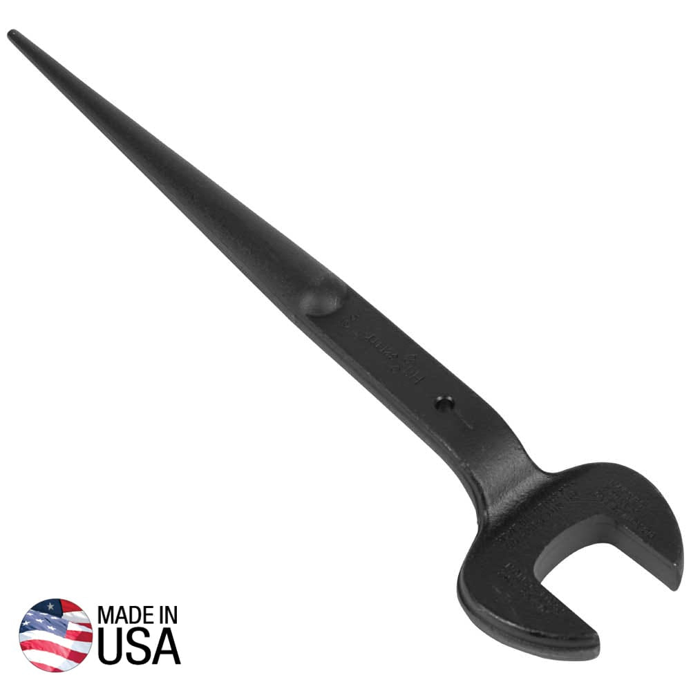 Klein 3214TT structural spud wrench forged from alloy steel showing the 1-5/8-inch open jaw, 60-degree head offset, cross tether hole, and tapered handle.
