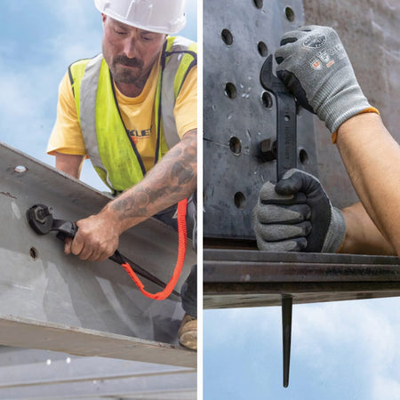 Split view of an ironworker using a tethered Klein 3214TT spud wrench to torque structural bolts and align connection plate holes.