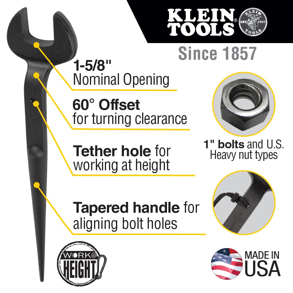 Infographic detailing key specs for Klein 3214TT spud wrench including 1-5/8-inch nominal opening, 60-degree head offset, tether hole, and tapered handle.