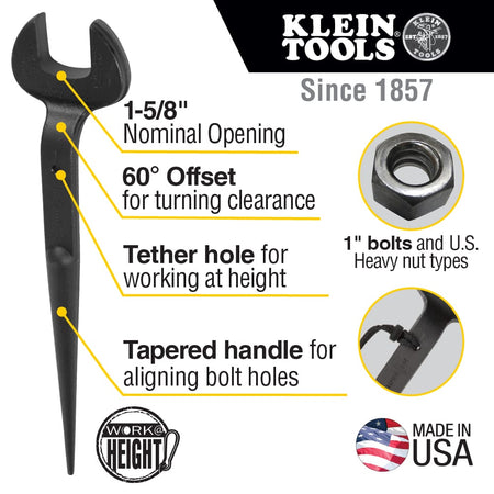 Infographic detailing key specs for Klein 3214TT spud wrench including 1-5/8-inch nominal opening, 60-degree head offset, tether hole, and tapered handle.