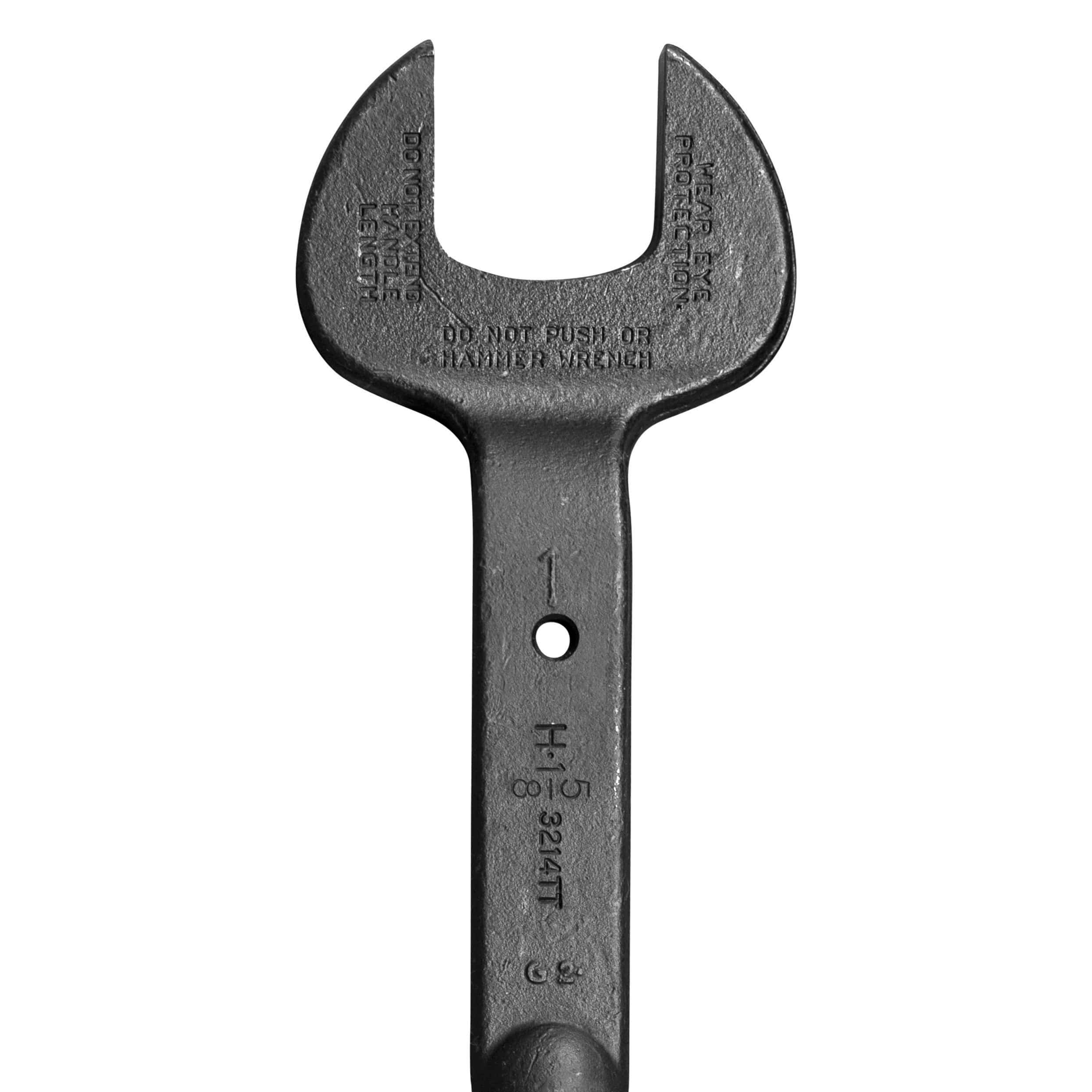 Close-up of the Klein 3214TT spud wrench head detailing stamped 1-5/8-inch opening, 1-inch bolt size, tether hole, and 3214TT model markings.