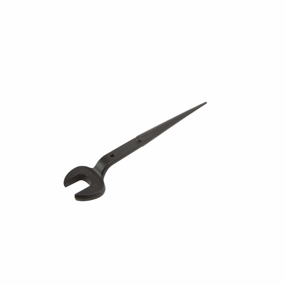 Klein 3214TT offset spud wrench displayed from an angle highlighting the forged alloy steel body and black oxide corrosion-resistant coating.
