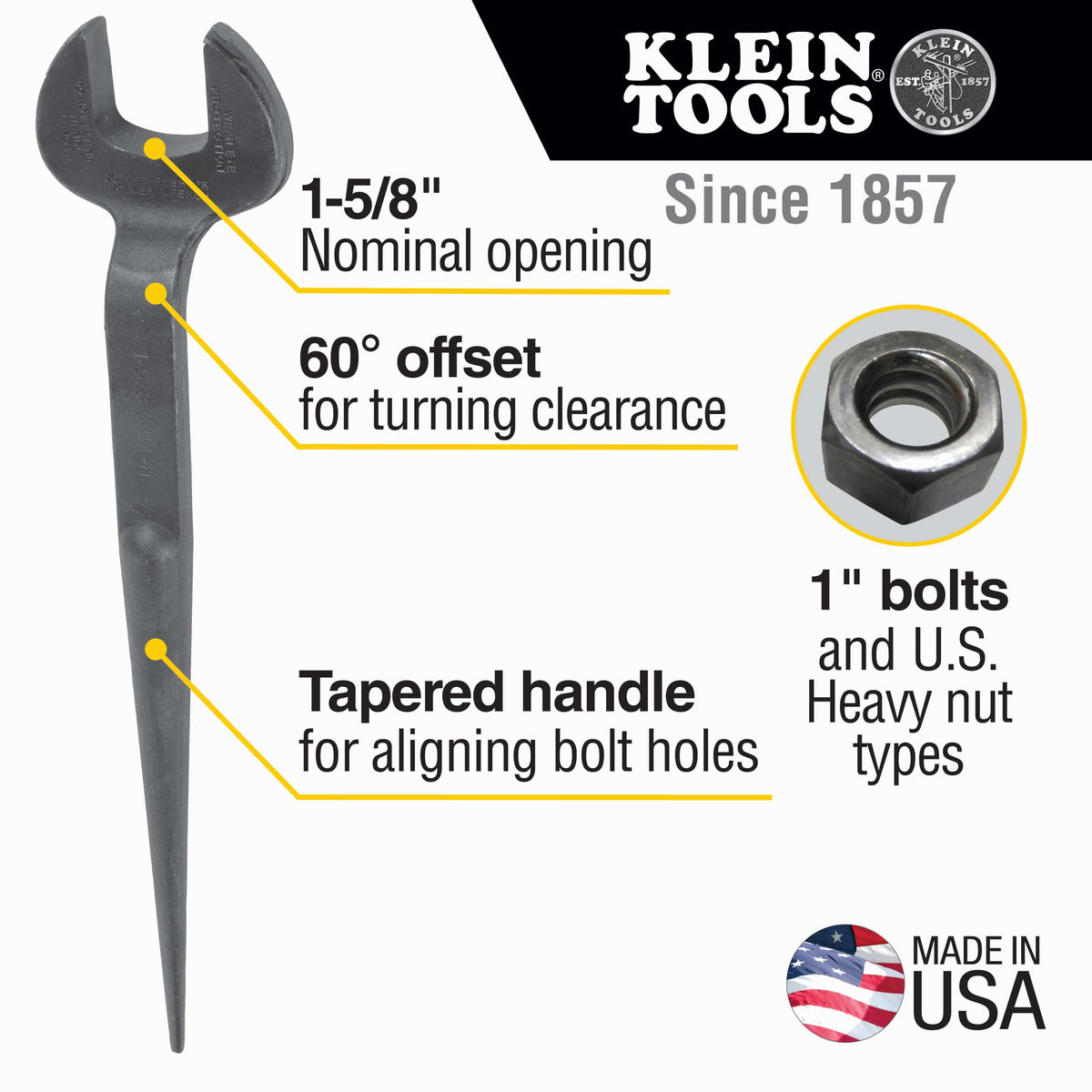 Diagram showing Klein Tools 3214 features including a 1-5/8 inch opening, 60-degree offset, and tapered handle for 1-inch U.S. heavy nuts.