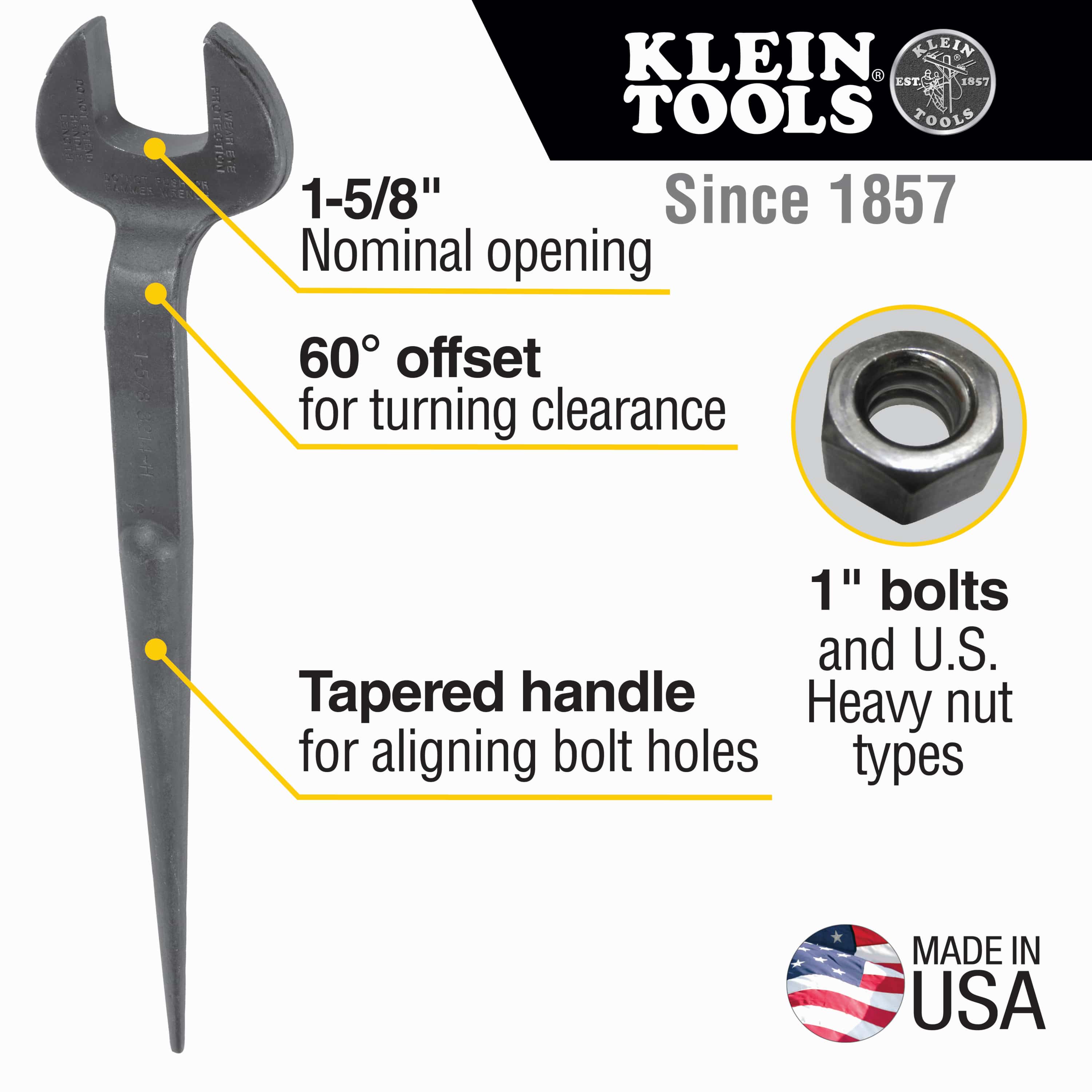 Diagram showing Klein Tools 3214 features including a 1-5/8 inch opening, 60-degree offset, and tapered handle for 1-inch U.S. heavy nuts.