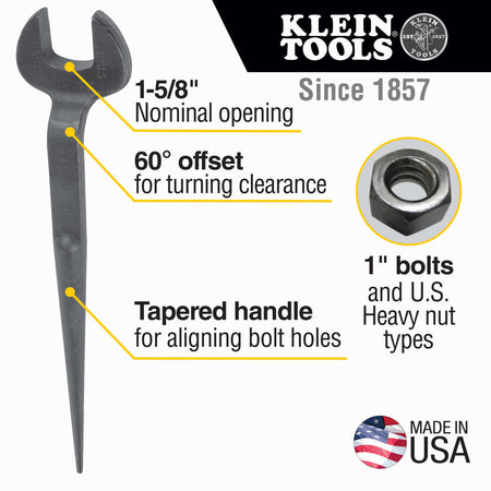 Diagram showing Klein Tools 3214 features including a 1-5/8 inch opening, 60-degree offset, and tapered handle for 1-inch U.S. heavy nuts.