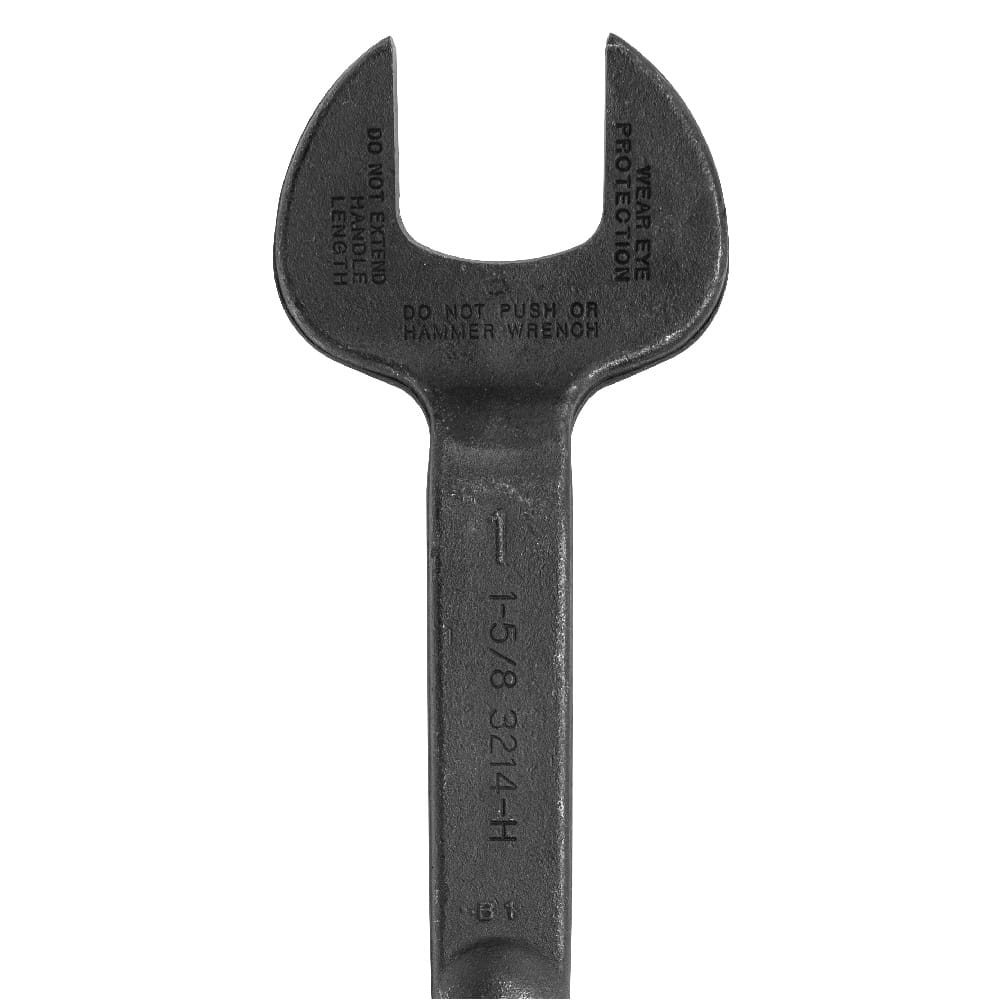 Close-up of forged Klein 3214 spud wrench head stamped with safety warnings, 1-5/8 inch size rating, and catalog model number.