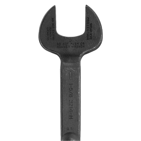 Close-up of forged Klein 3214 spud wrench head stamped with safety warnings, 1-5/8 inch size rating, and catalog model number.