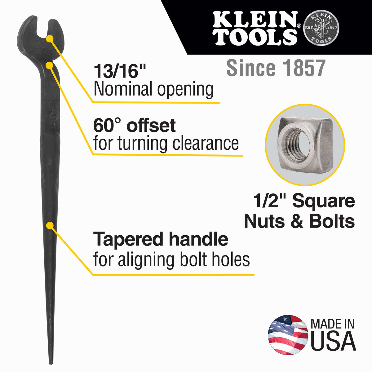 Infographic detailing key specs for Klein 3220 spud wrench including 13/16-inch nominal opening, 60-degree head offset, and non-binding tapered handle.