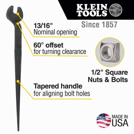 Infographic detailing key specs for Klein 3220 spud wrench including 13/16-inch nominal opening, 60-degree head offset, and non-binding tapered handle.