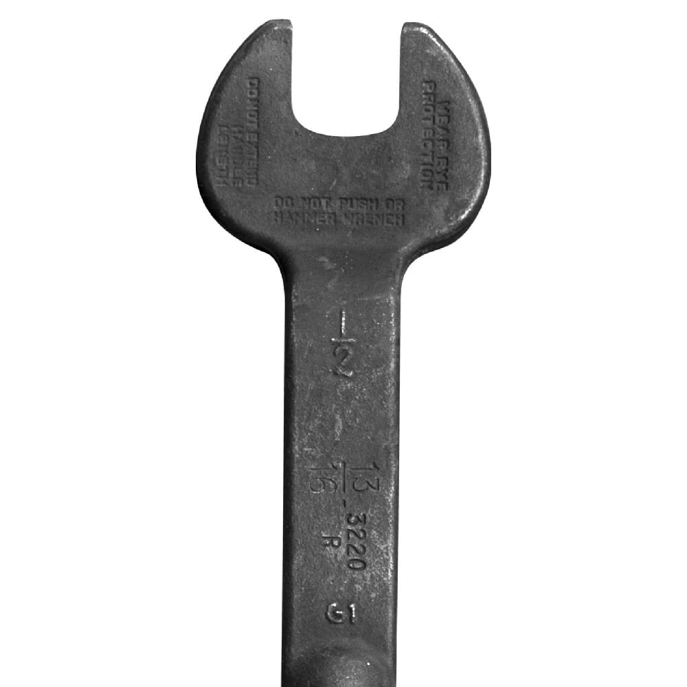 Close-up of the Klein 3220 spud wrench head detailing stamped 13/16-inch opening and 1/2-inch bolt size identification marks.